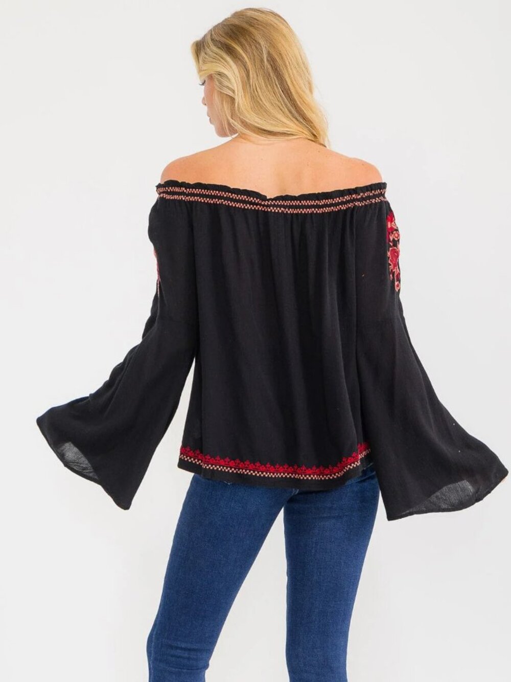 B46 LONG BELL SLEEVE EMBROIDERY DETAILED TUNIC BLOUSE Black NEW - Picture 3 of 4